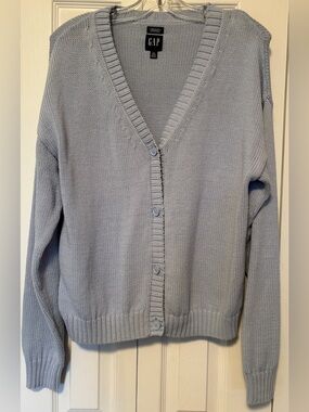 GAP Pastel Baby Blue Ribbed V-Neck Button Front Cardigan Sweater Size Large Tall
